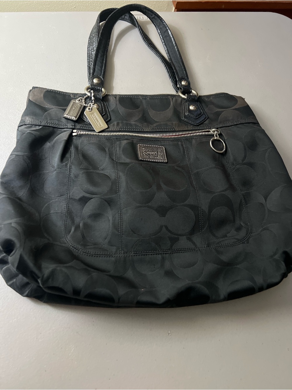 Coach Black Signature Jacquard Tote with Leather Handles